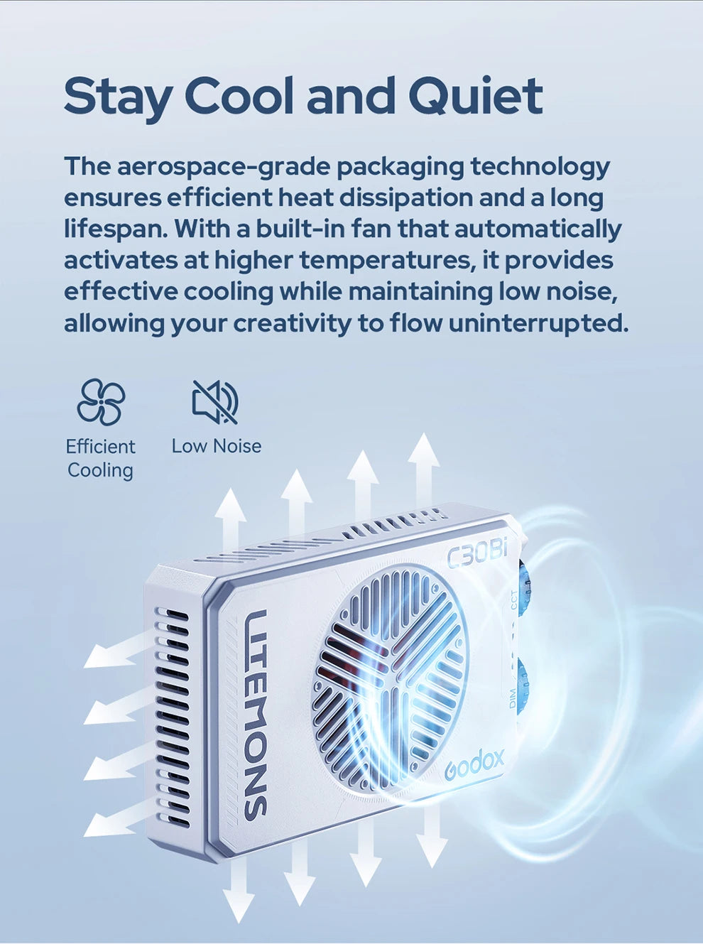 Litemons C30Bi rectangular white LED light with a side-mounted cooling fan for heat dissipation.