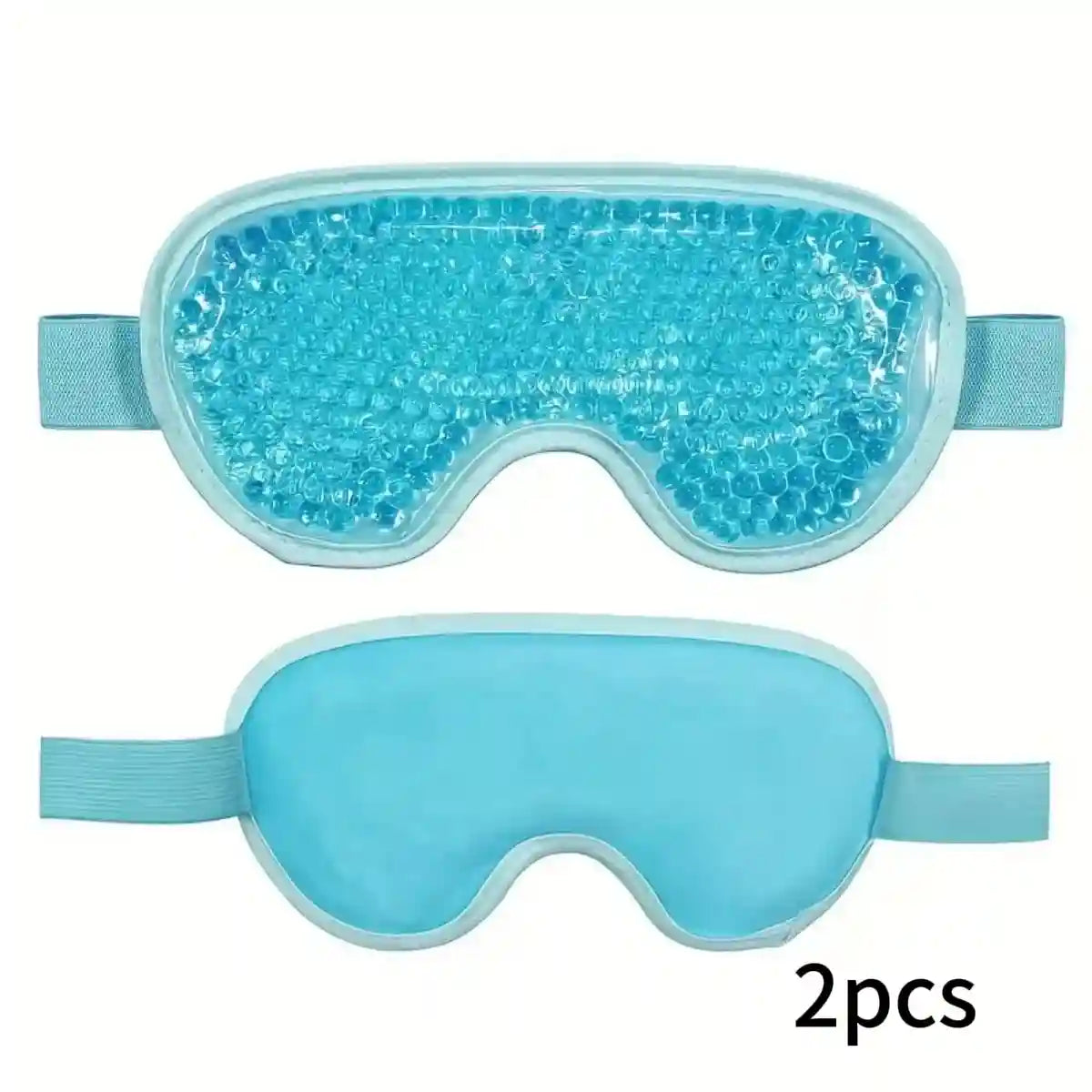 Two light blue gel bead eye masks with elastic straps for hot and cold therapy, shown from front and back.
