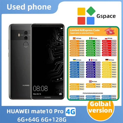 Original used Huawei Mate 10 Pro 4G smartphone, black, front and back view, 4000mAh battery, 12MP Leica camera.