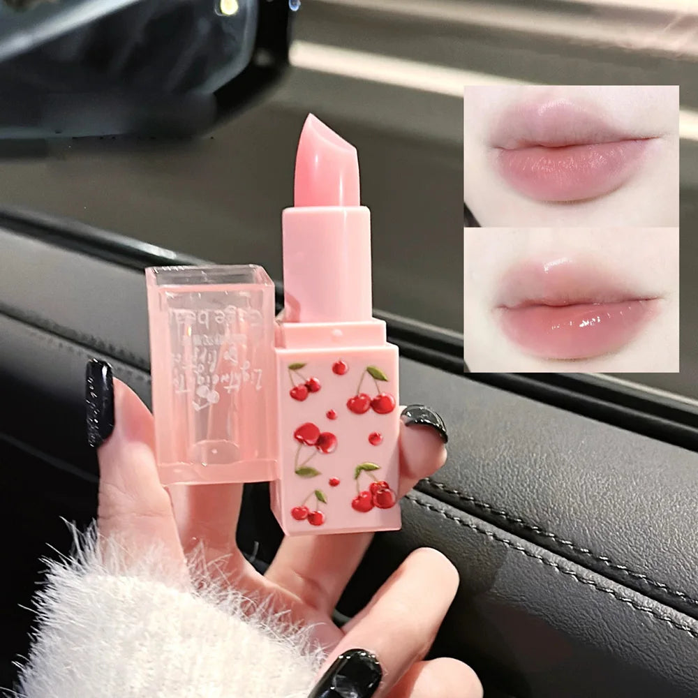 Gege Bear cherry print hydrating lip balm with glossy, moisturizing finish for soft, tender, and shiny lips.