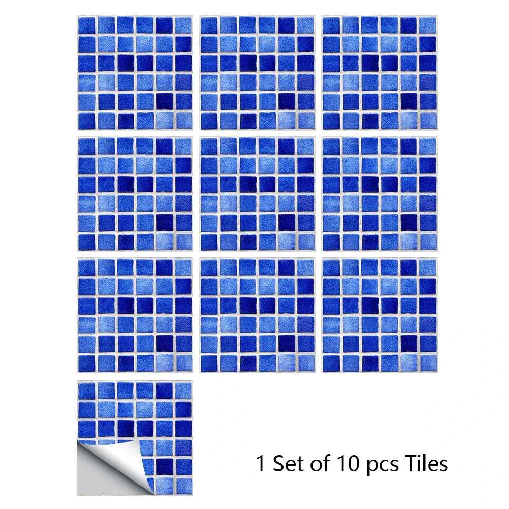 Mosaic tile sticker set with blue and white square tiles, peel-and-stick wall decals