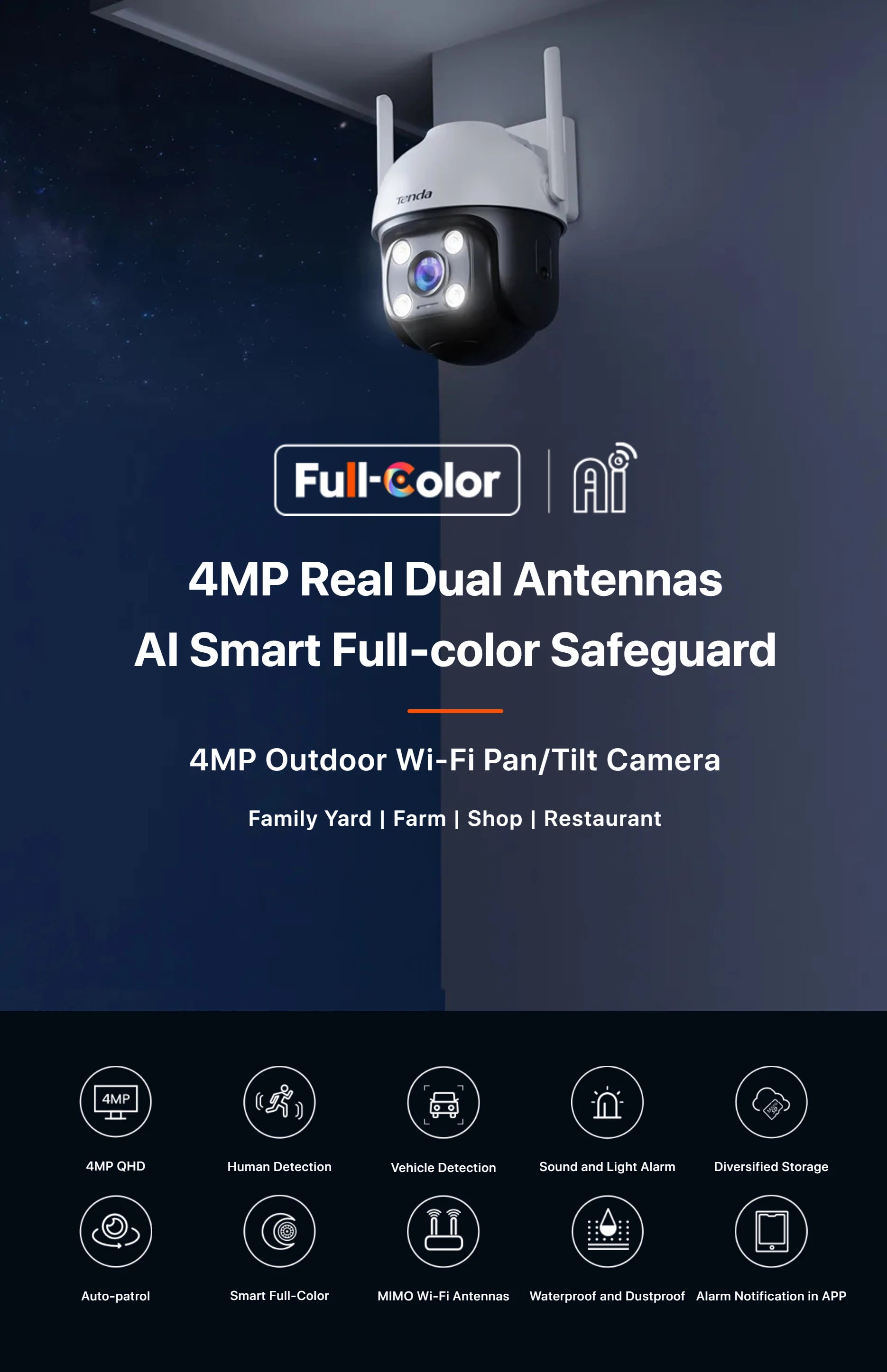 Tenda 4MP Outdoor Wi-Fi Pan/Tilt Camera CH7-WCA Full-Color 360° Visual Coverage Night Vision AI Motion Detection Smart Alarm