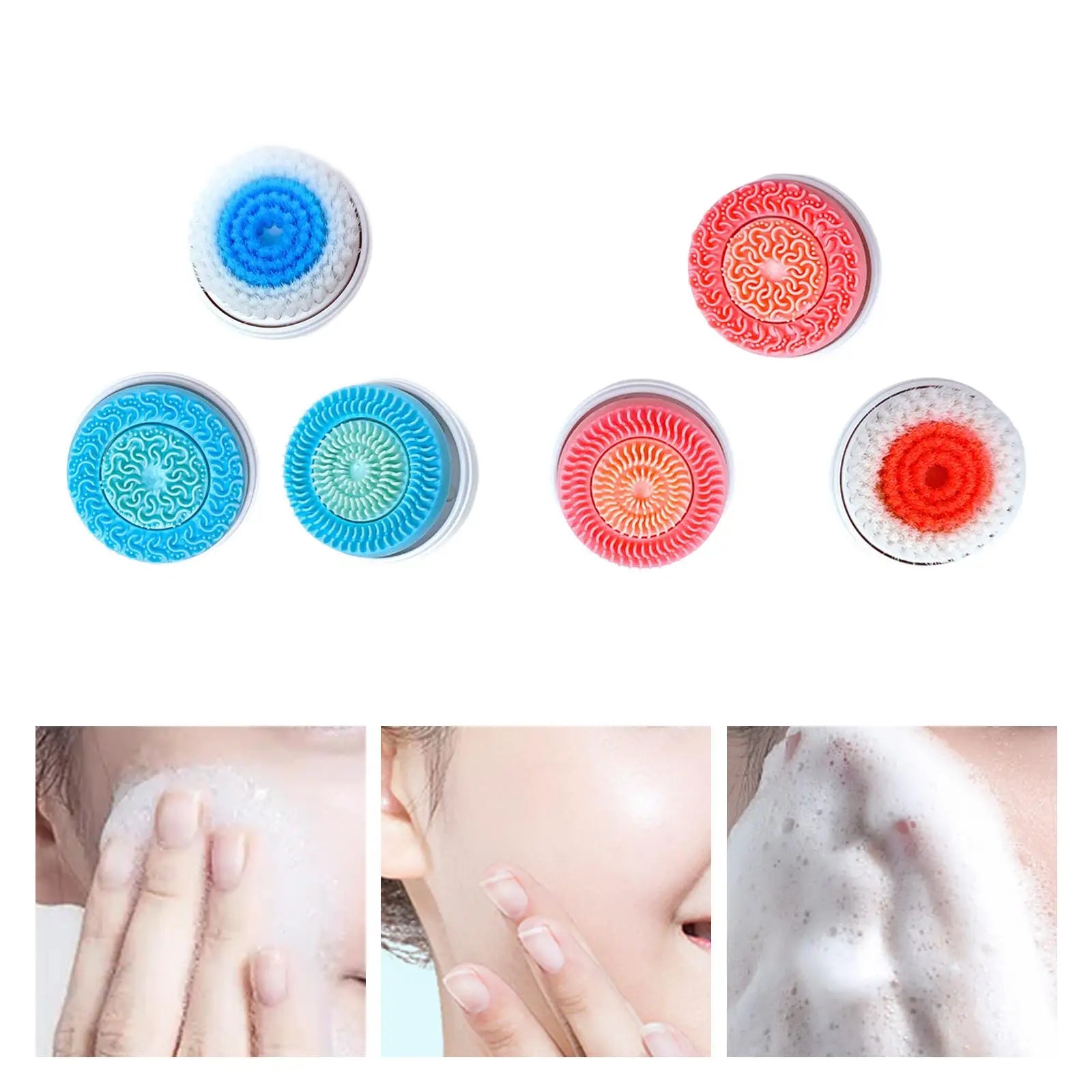 Set of six colorful, round silicone and bristle facial cleansing brush heads for exfoliating and washing skin.