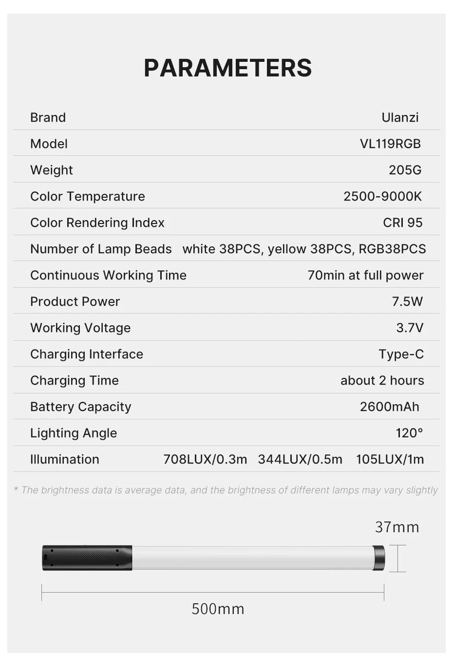 VL119RGB light wand specifications chart showing dimensions of 500mm by 37mm, features, and technical parameters.