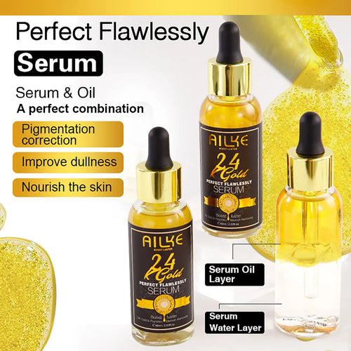 Anti-inflammatory 24K Gold turmeric serum in 60ml yellow glass bottles for skin brightening and blemish correction.