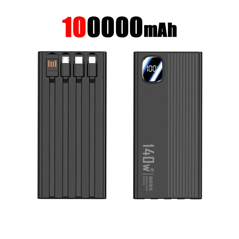 Portable Charger with 4-in-1 Cables - High Capacity Power Bank 50000mAh+ Black 100000mAh Tidesmit