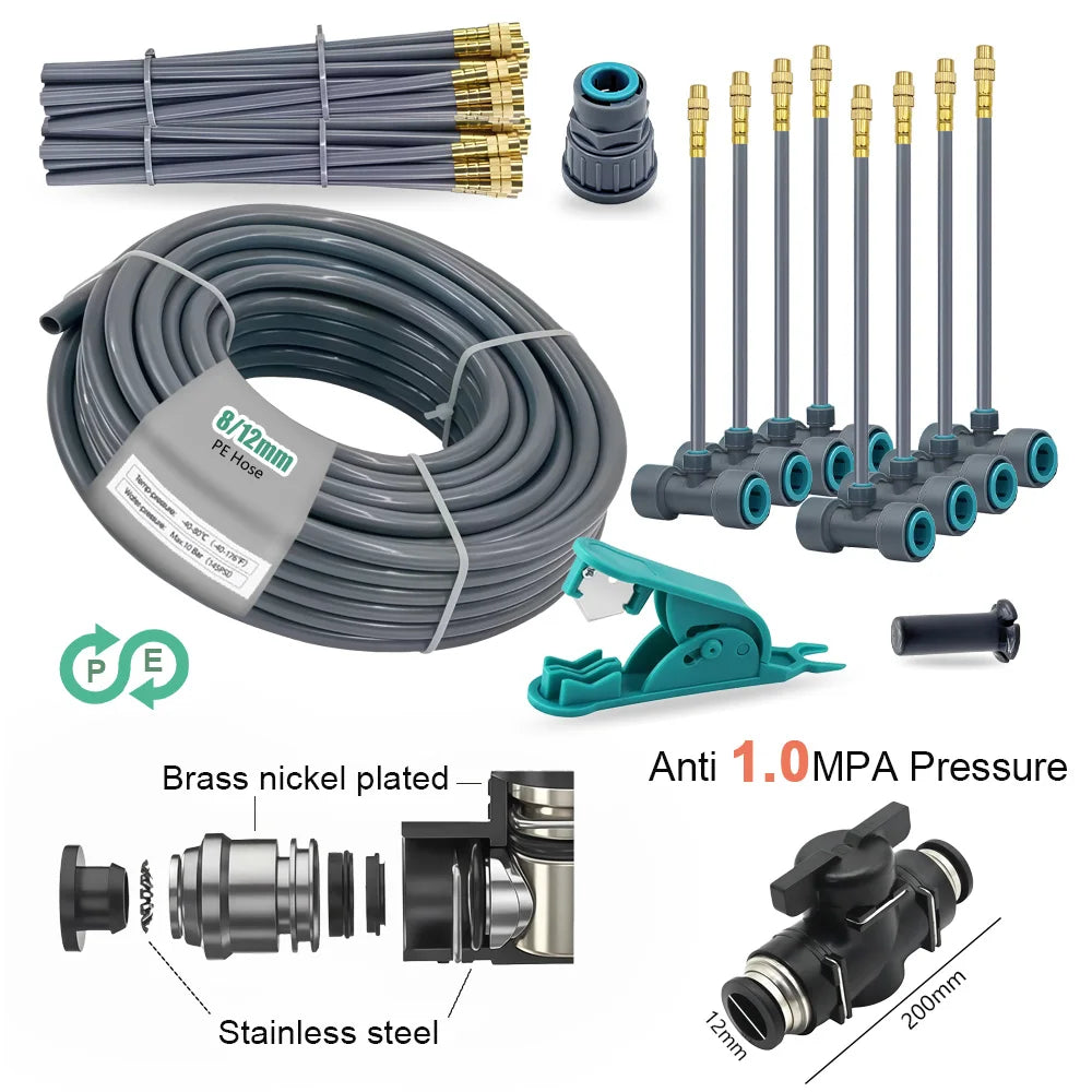 PE hose coil with brass nozzle ends, blue-coupler sprinkler heads, and gray connectors