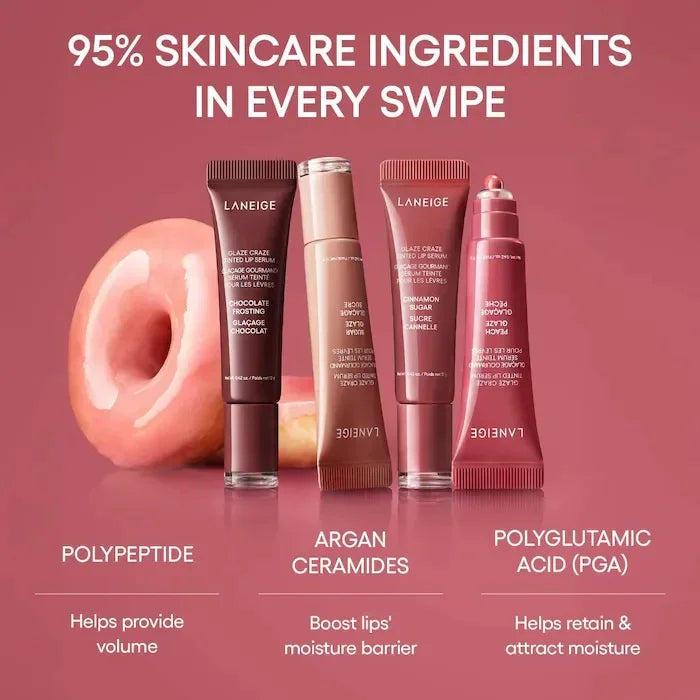 Laneige Glaze Craze Tinted Lip Serum collection in four glossy, hydrating shades with donut-inspired colors.