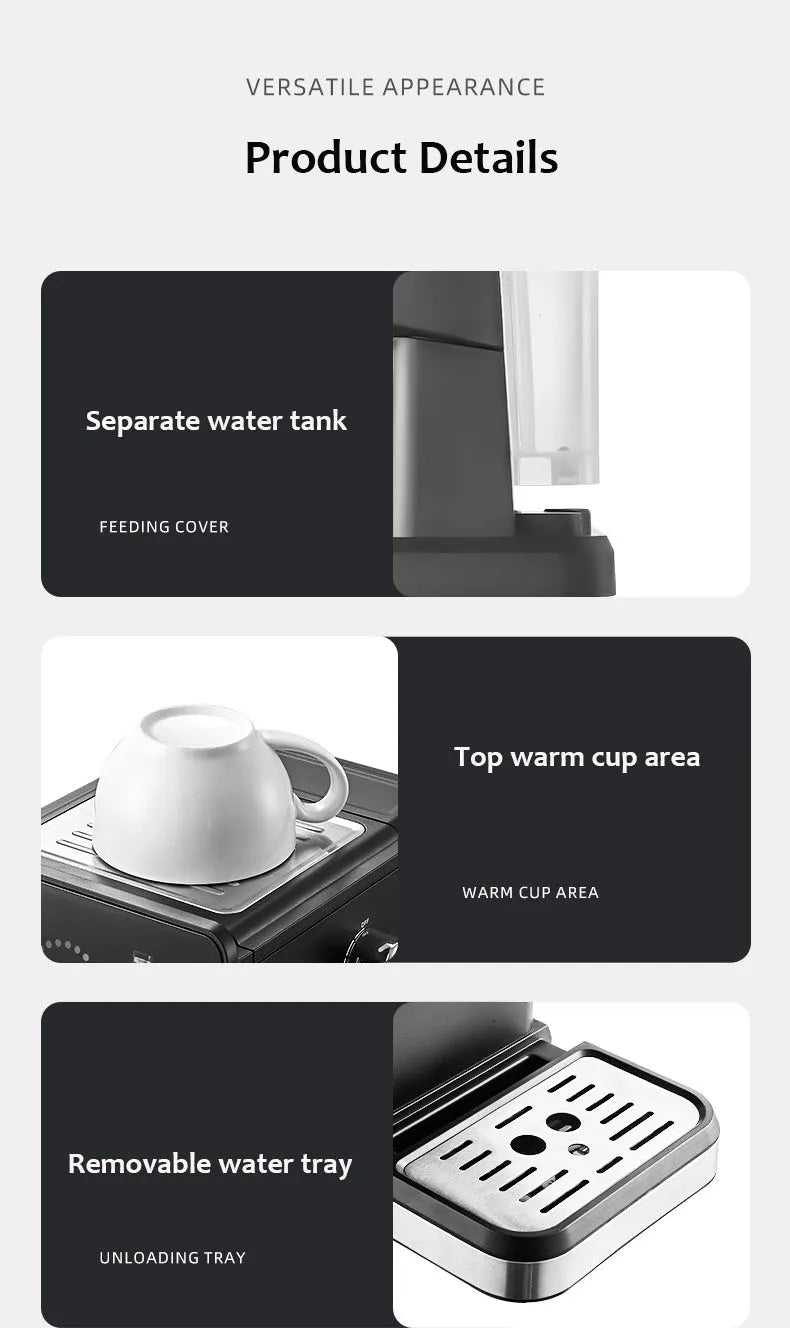 Black espresso coffee machine features: detachable water tank, cup warmer, and removable stainless steel drip tray.