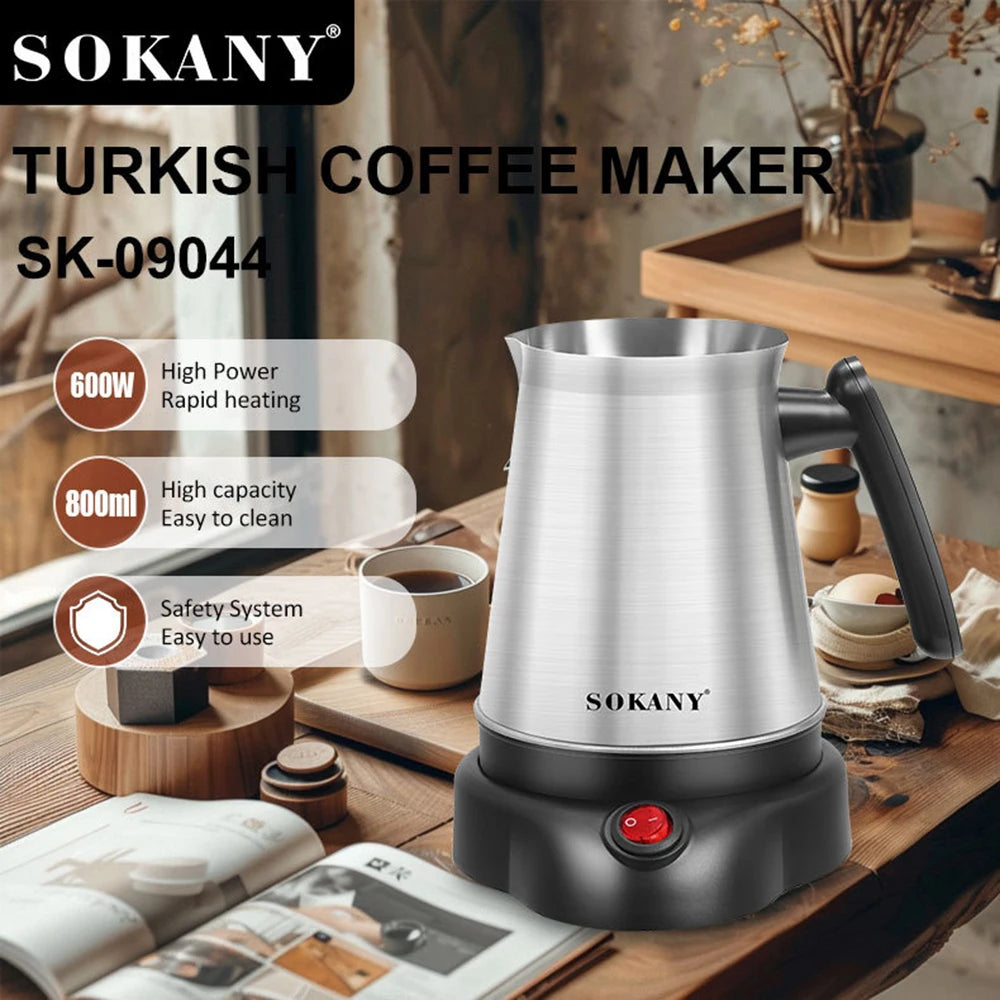 Sokany 800ml stainless steel Turkish coffee maker with 600W heating base and black handle on a wooden table.
