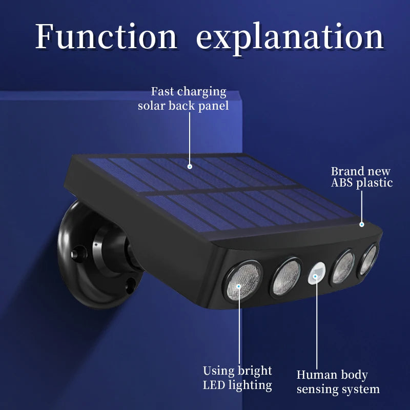 3000W Solar Powered Outdoor Wall Light Motion Sensor Security Lights 4 LED Bulbs 3 Modes Night Work Lamp for Patio Garden Porch Fence Corridor Balcony