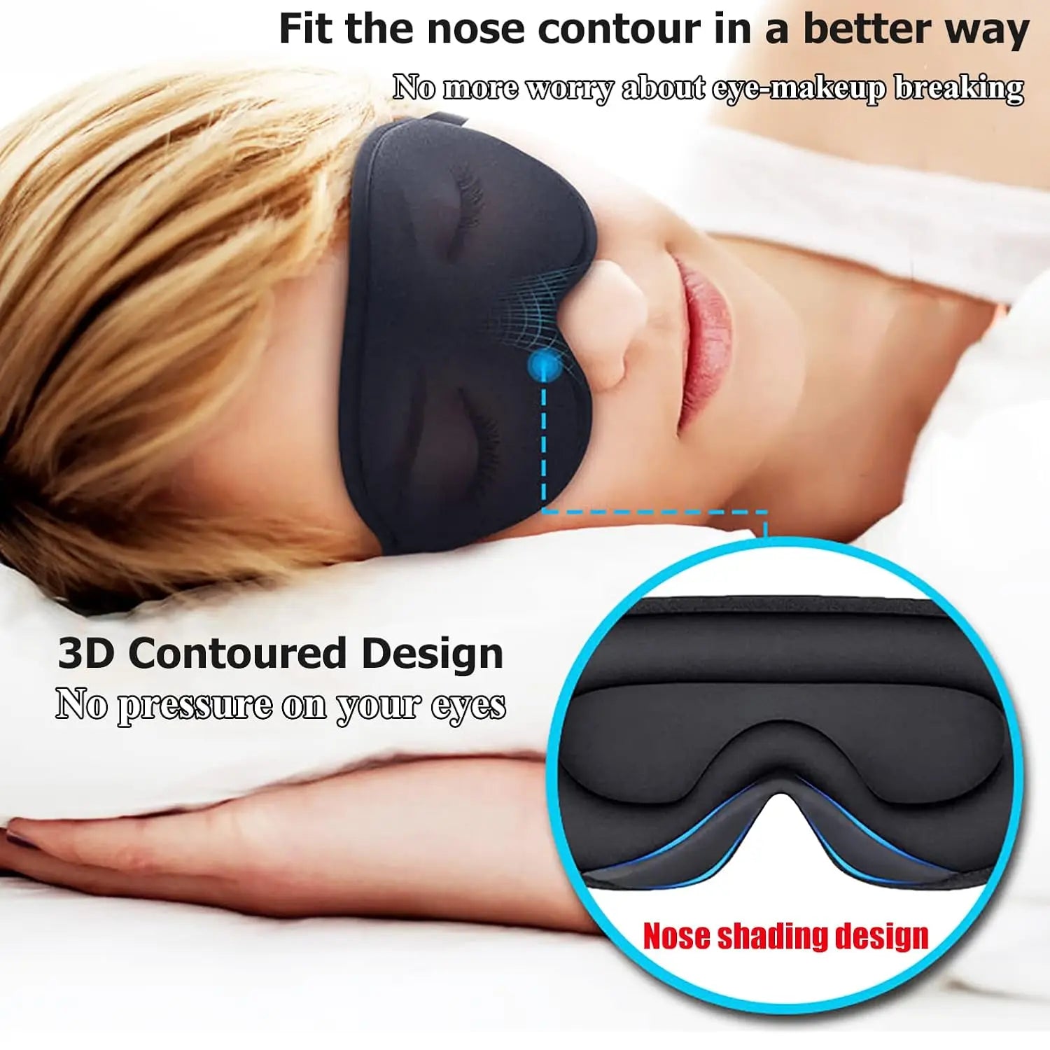 3D Sleep Mask Contoured Blindfold Blockout Light Eye Cover with Adjustable Strap Eye Pillow Soft Comfy Eye Shade for Nap Travel