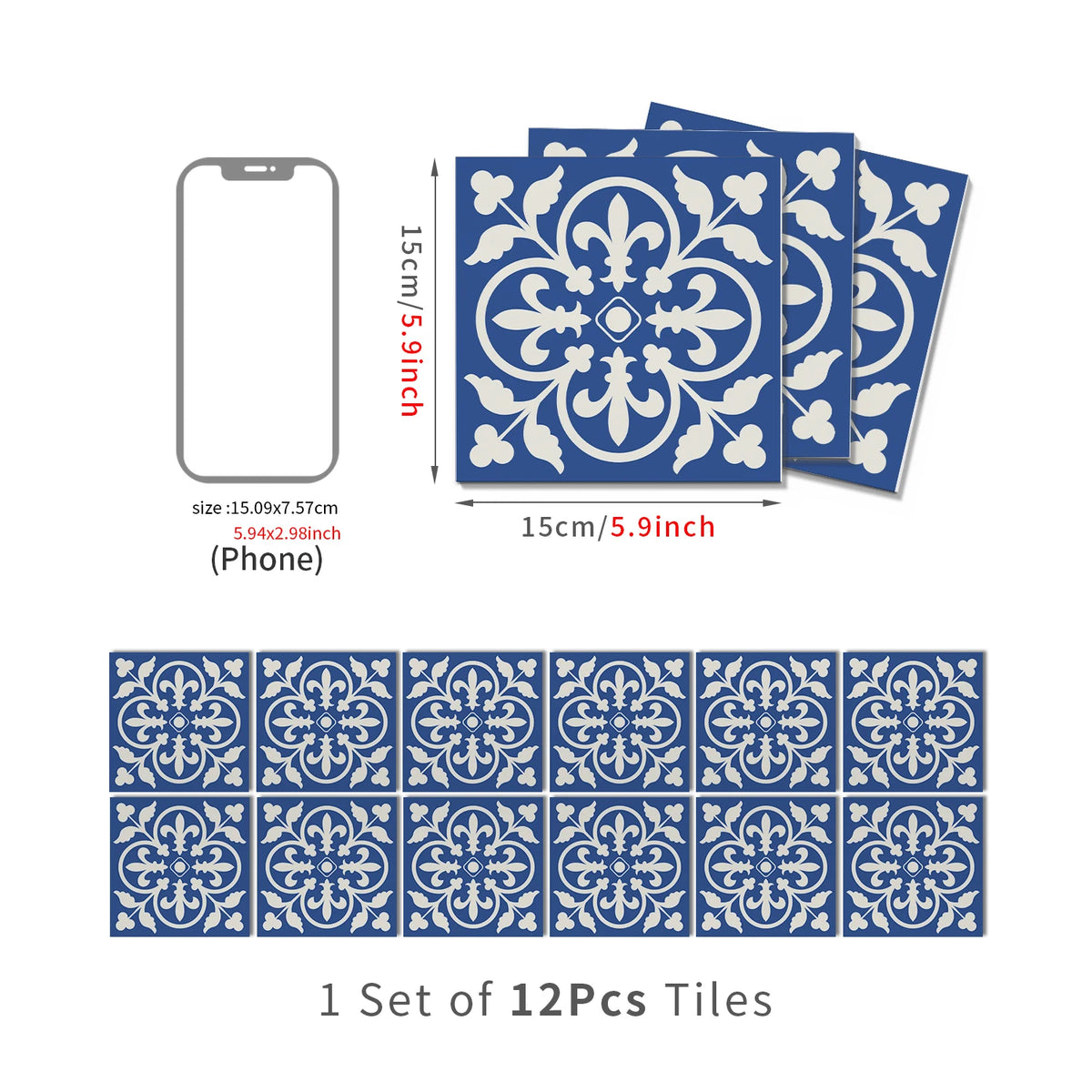 Set of 12 Moroccan peel-and-stick tile stickers, blue with white ornate damask.