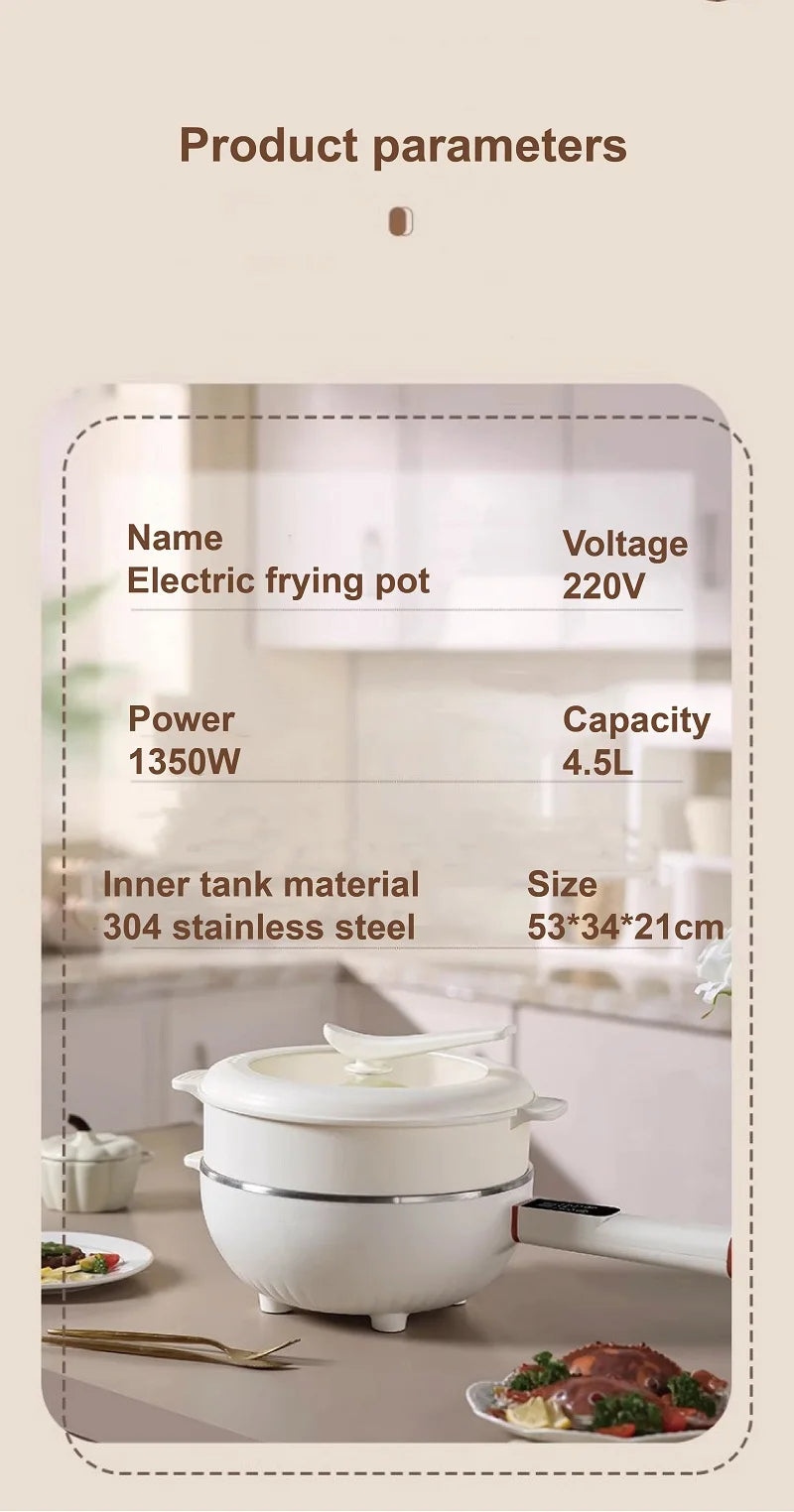 Electric frying pot with 4.5L capacity shown with voltage and power spec on label