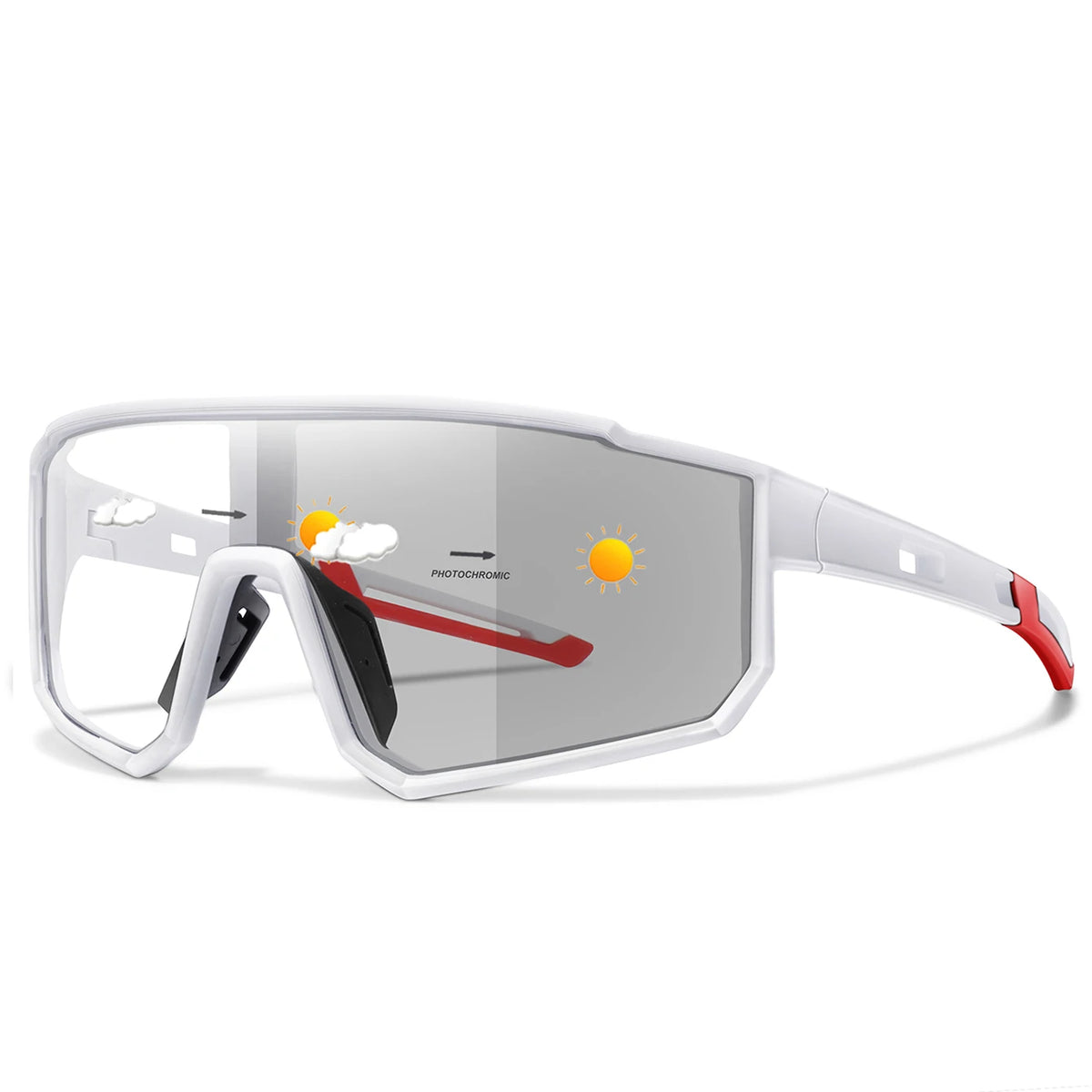 White sports photochromic goggles with red temple accents and tinted shield lens