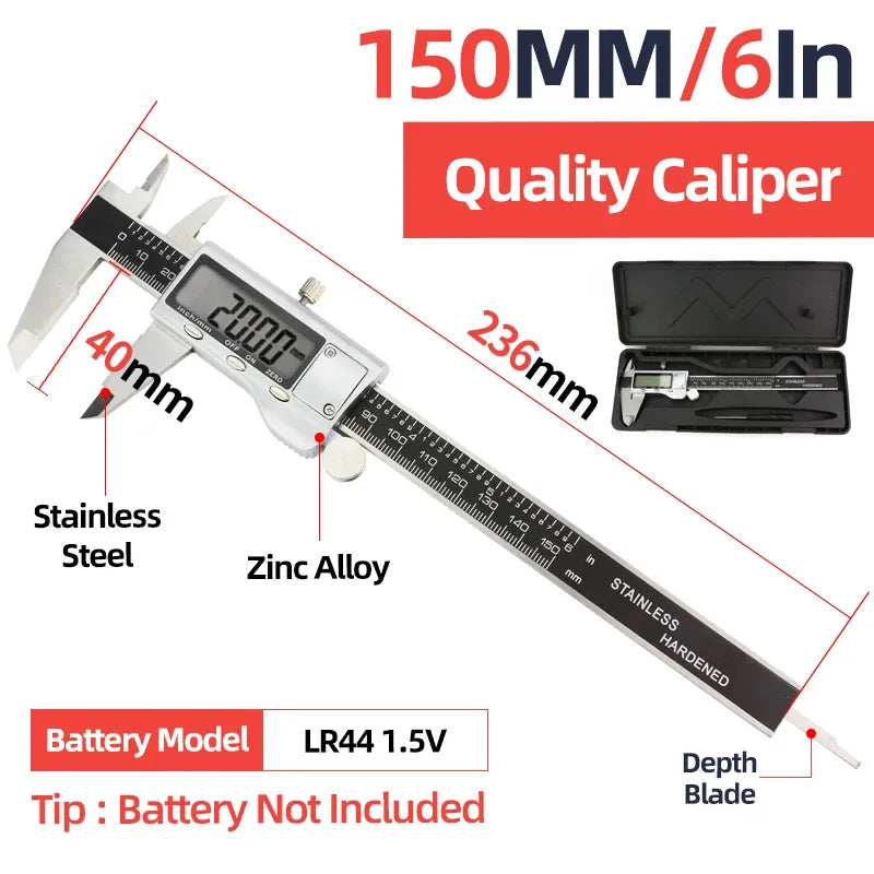 Digital metal caliper with LCD display, stainless steel jaws, depth blade, zinc-alloy body.