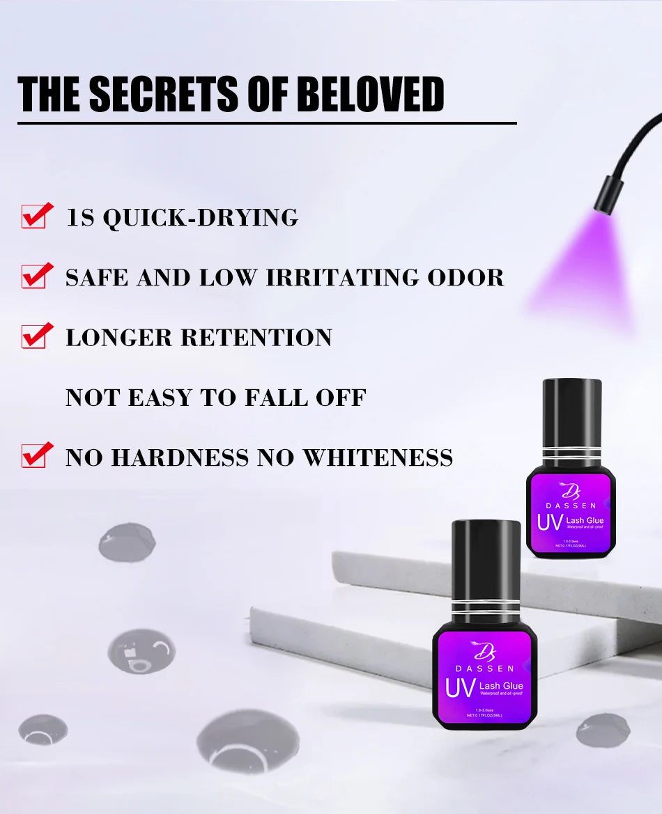 Dassen 5ml UV eyelash extension glue in purple bottles, 1s quick-drying adhesive for long-lasting lash retention.