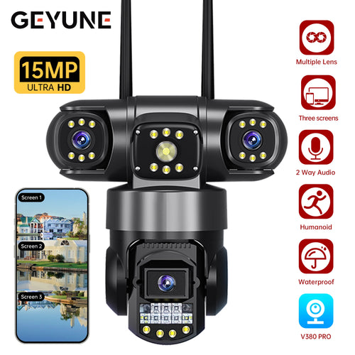 Outdoor PTZ security camera with three lenses and three screens, black dome-style housing