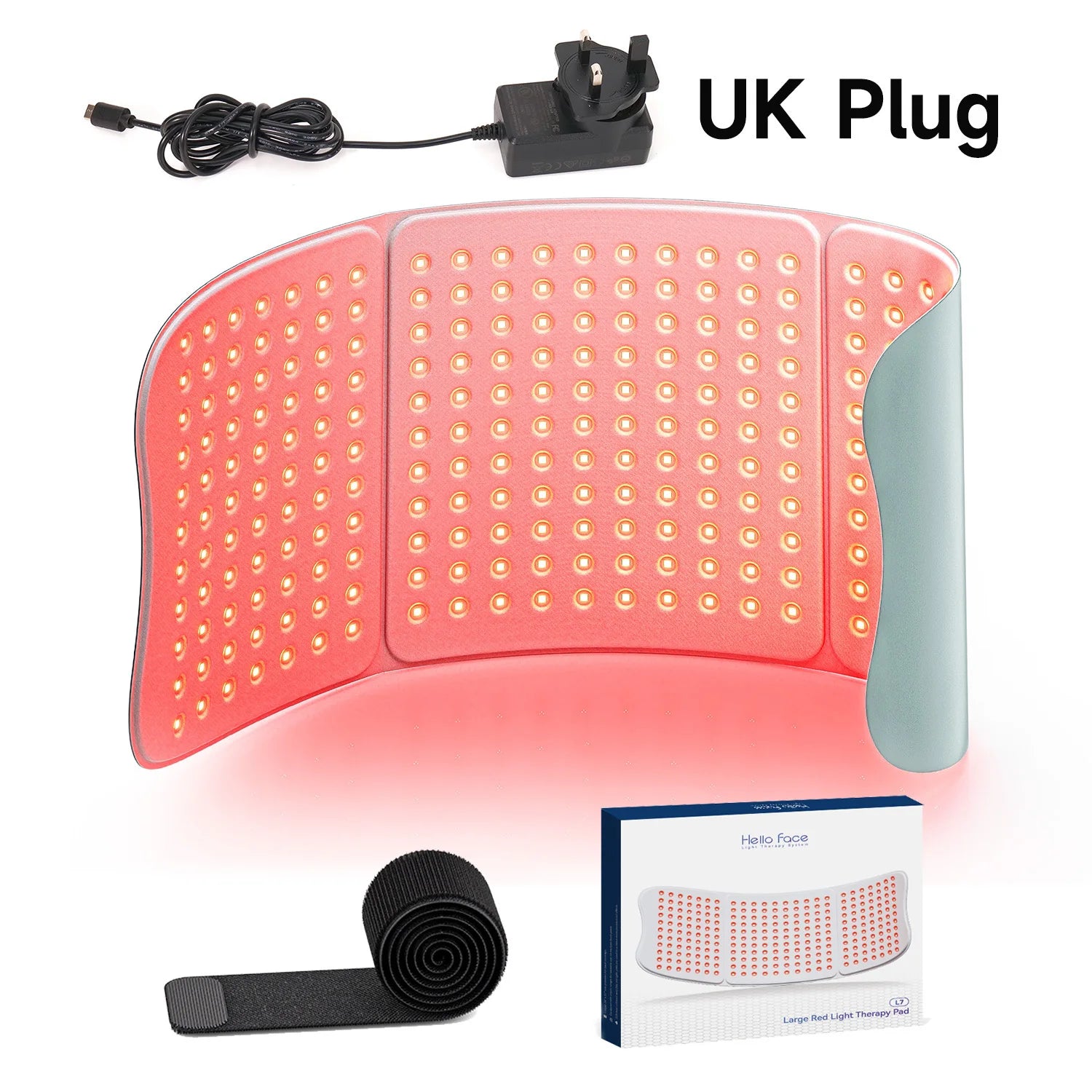 Large red light therapy mat with 792 LEDs, a UK power adapter, a velcro strap, and the product packaging box.