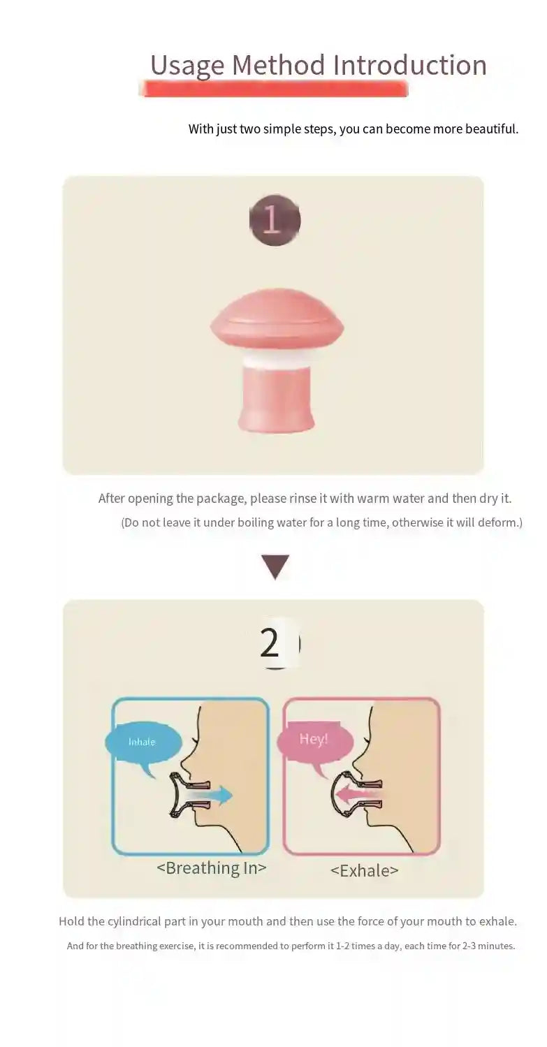 Pink mushroom-shaped silicone facial exerciser shown in a two-step instructional graphic with breathing diagrams.