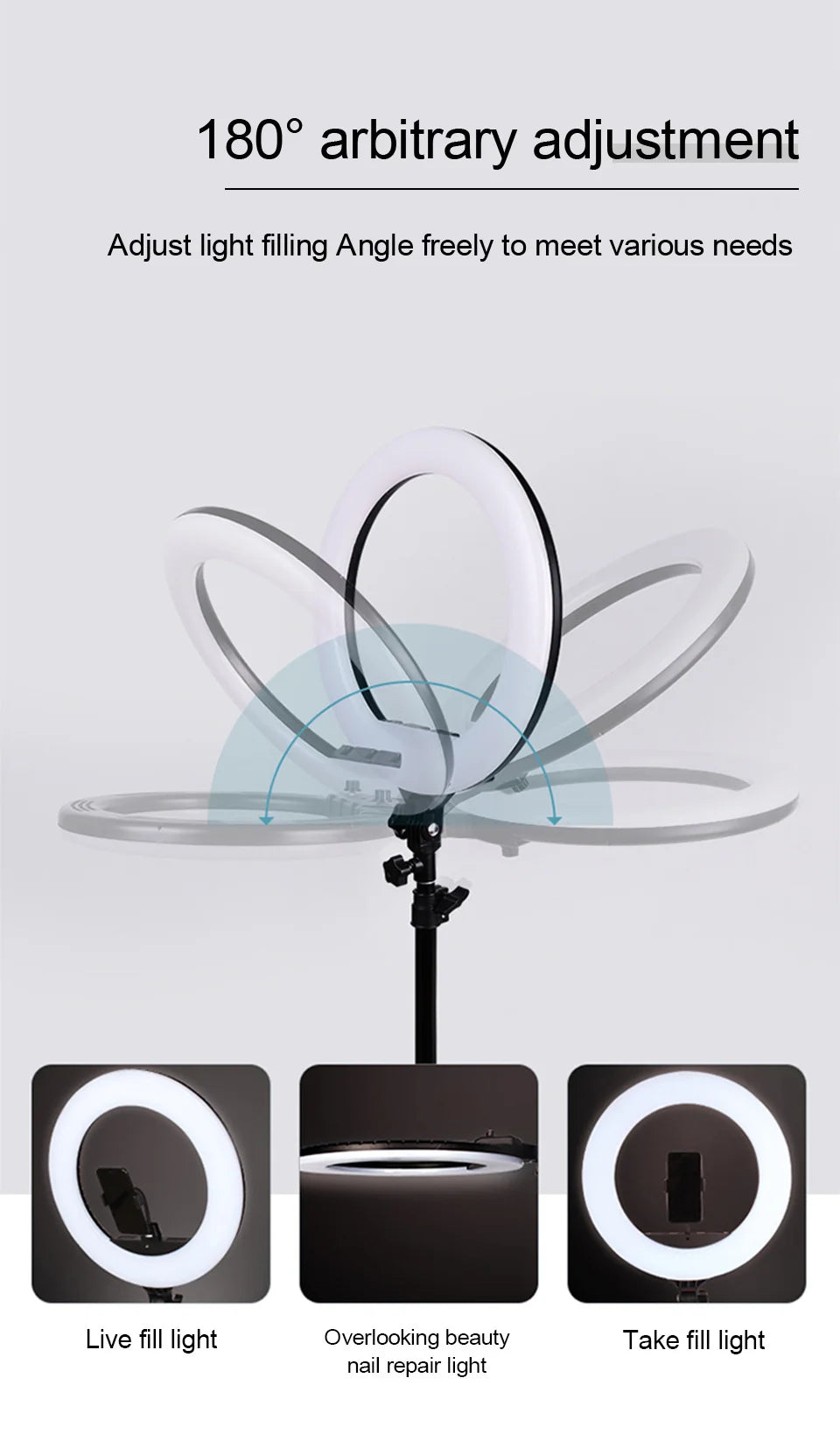 White LED ring light on a stand, featuring a 180-degree adjustable head for photography, video, and beauty tasks.
