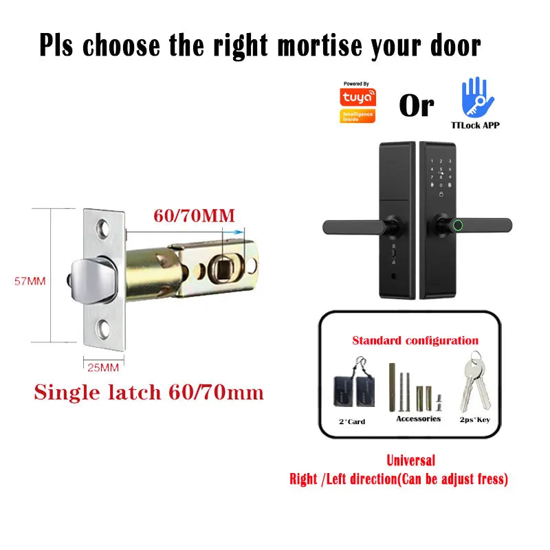 Keyless Tuya Bluetooth APP Digital Biometric Fingerprint Electric Smart Door Handle Key Card Lock with 5050 72 85 Mortise