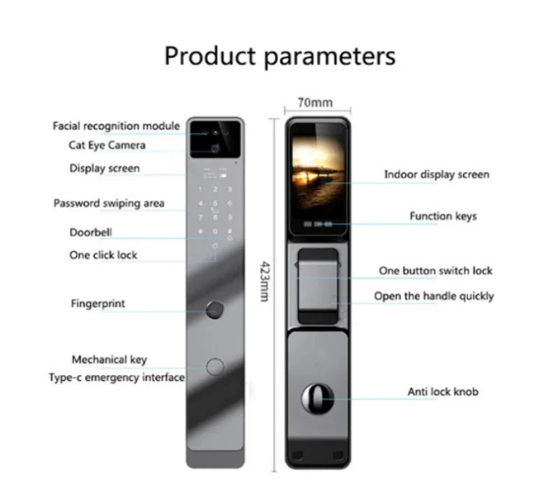 3D Face Recognition Smart Door Lock WiFi Electronic Home Lock with Camera RFID Card Compatible with Tuya for Smart Home Security