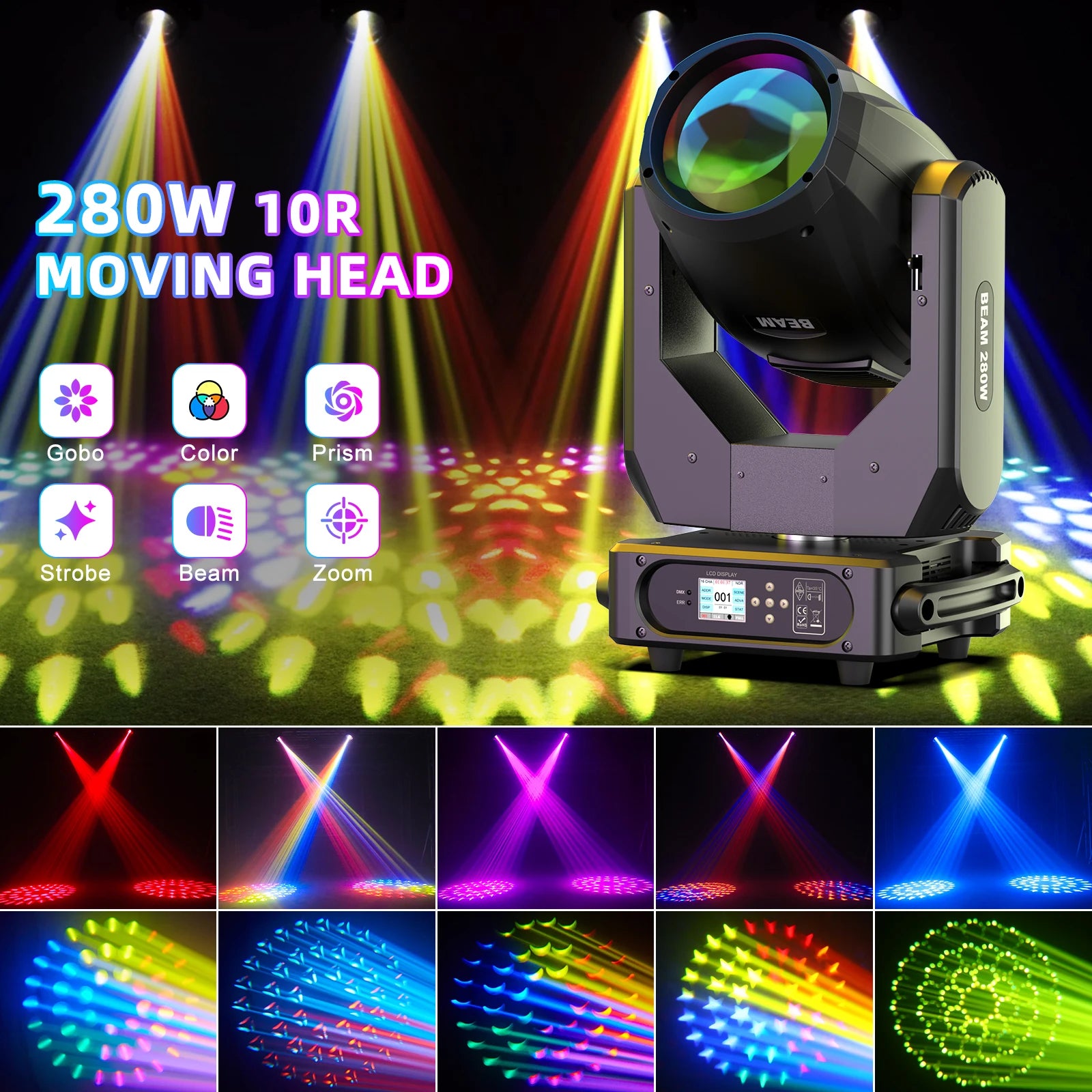 Black moving head light displaying colorful beam, prism, strobe and gobo effects