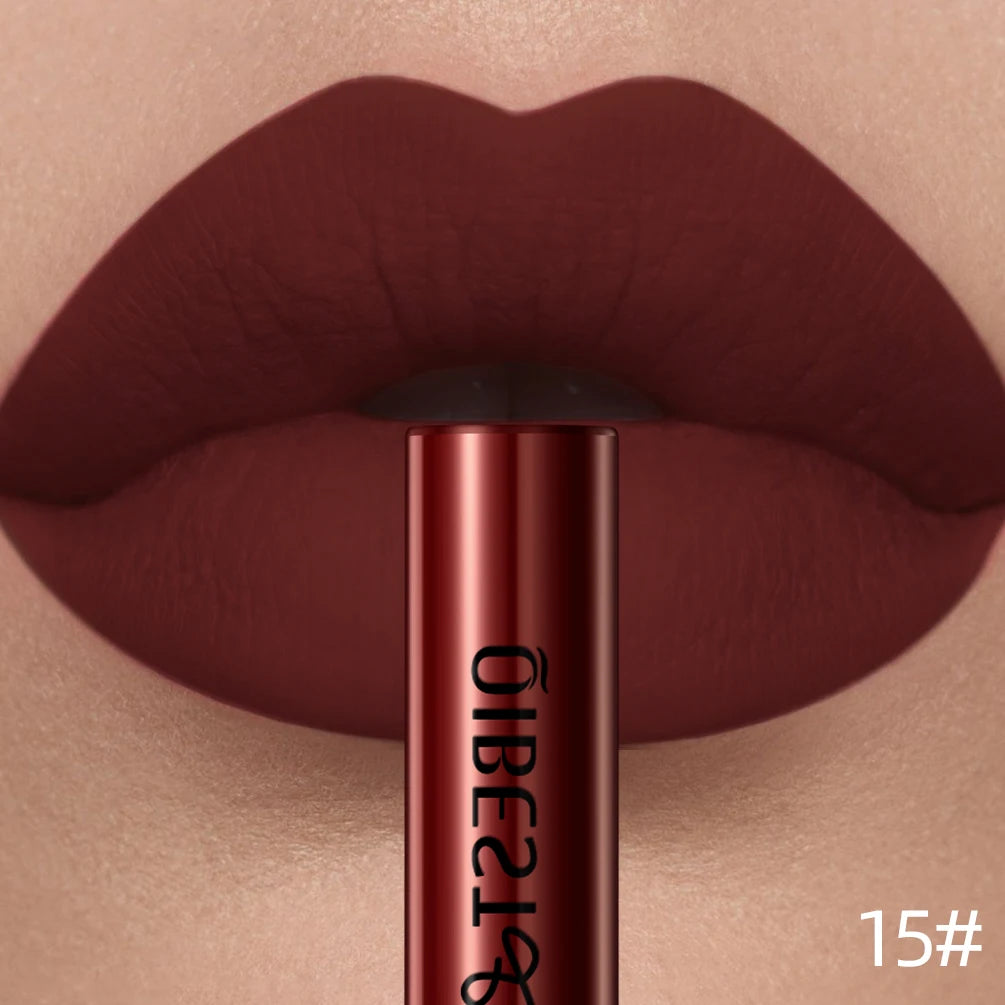 QIBEST long-lasting velvet matte liquid lipstick in a deep dark red shade with a smooth, nonstick finish.