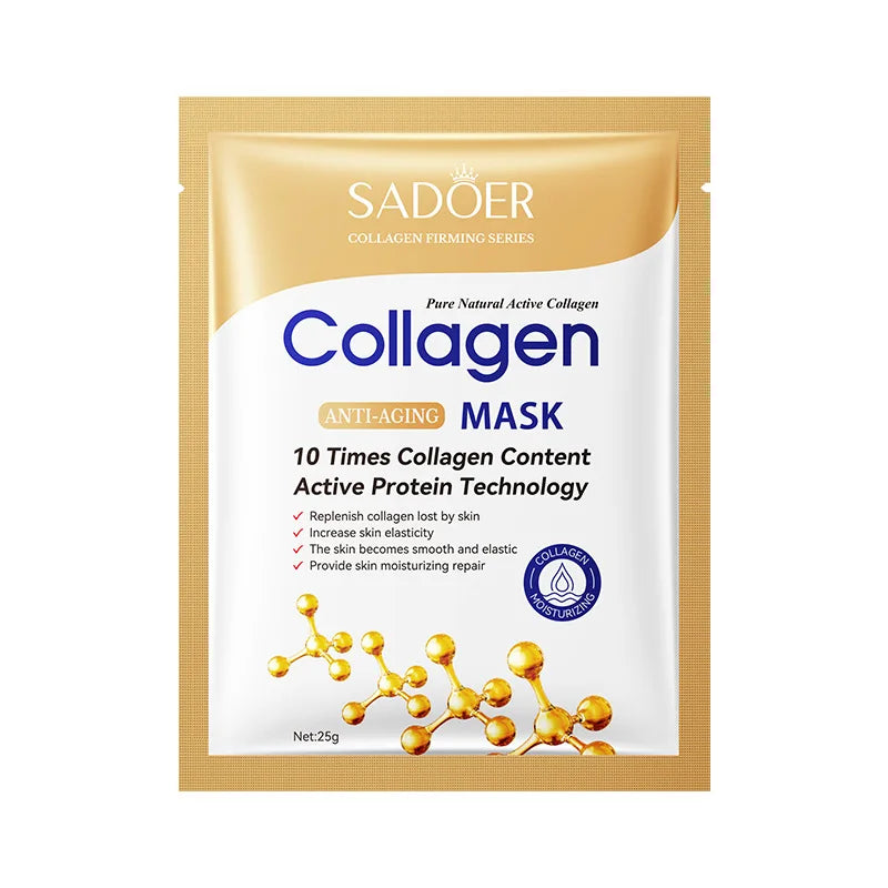 Collagen anti-aging facial mask, single gold foil sachet packet with ingredient icons