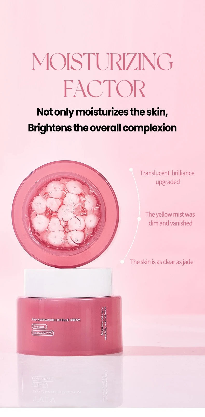 Open jar of pink collagen capsule face cream with white lid, displayed against a light pink background with text.