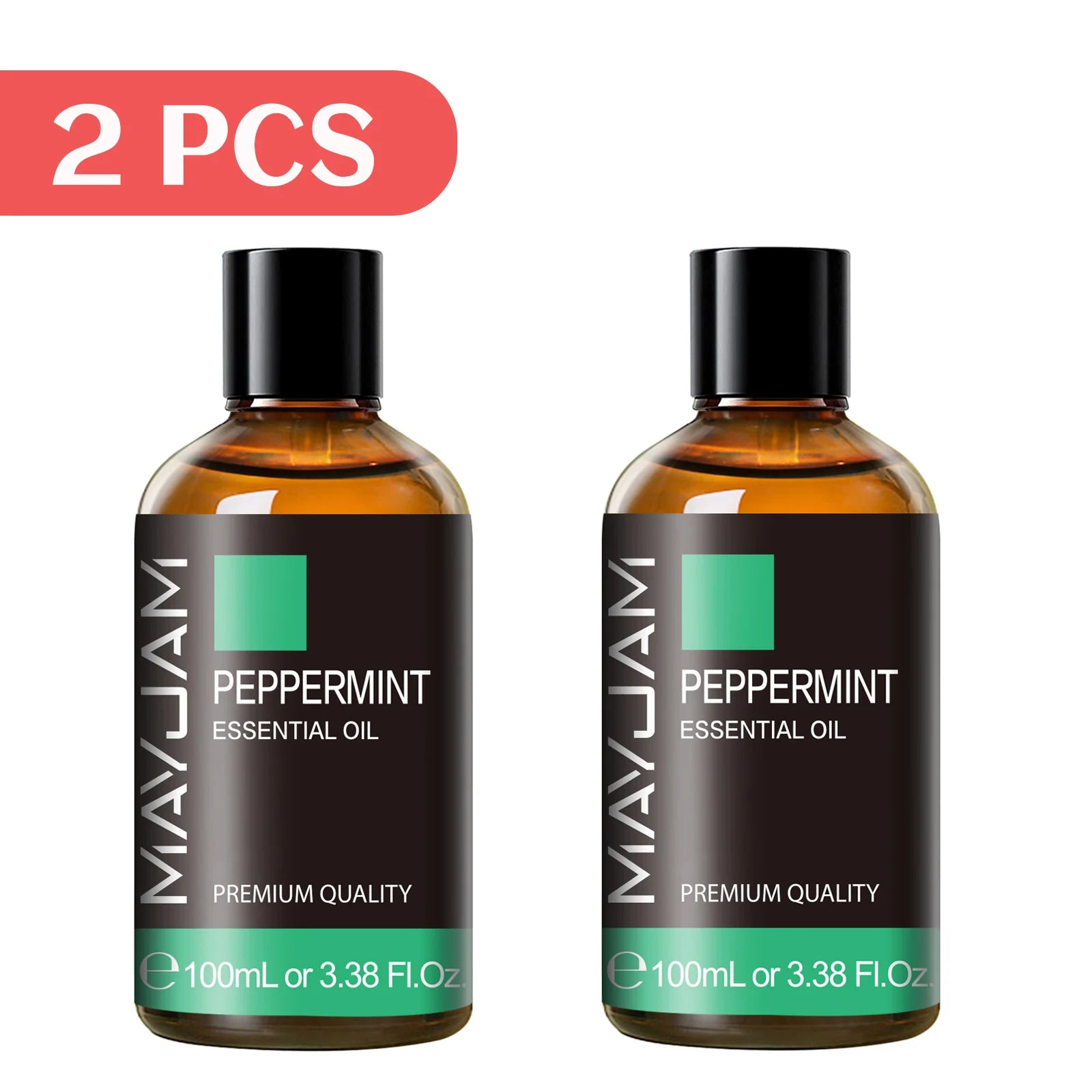 Peppermint essential oil, 2x100ml amber bottles with black caps.