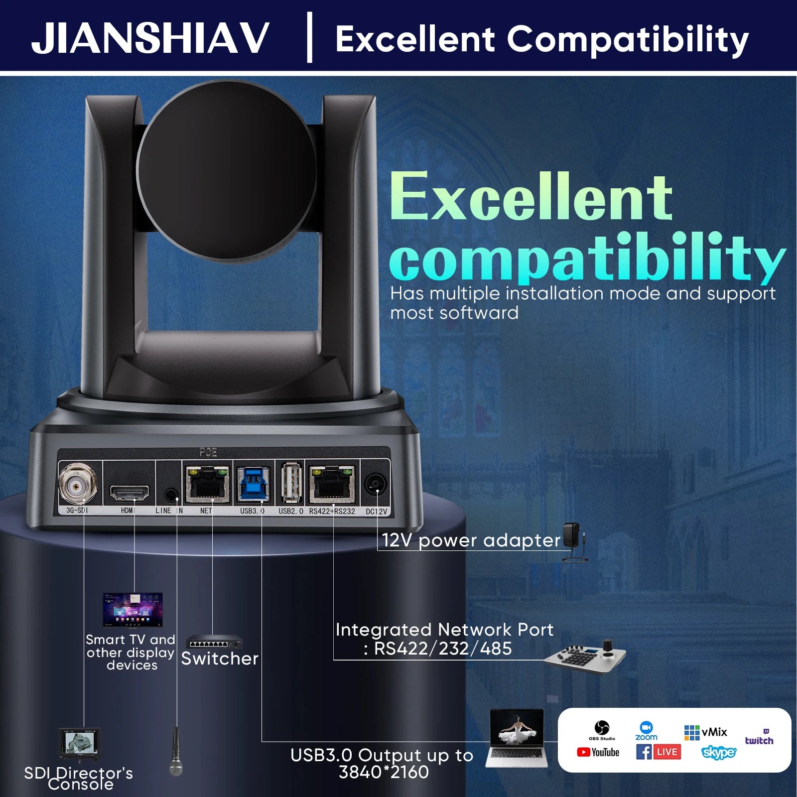 NDI/SDI 4K PTZ Camera 10X 20X Zoom Video Conference Live Streaming HDMI USB IP POE 1080P for Church NetMeeting Broadcast Youtube