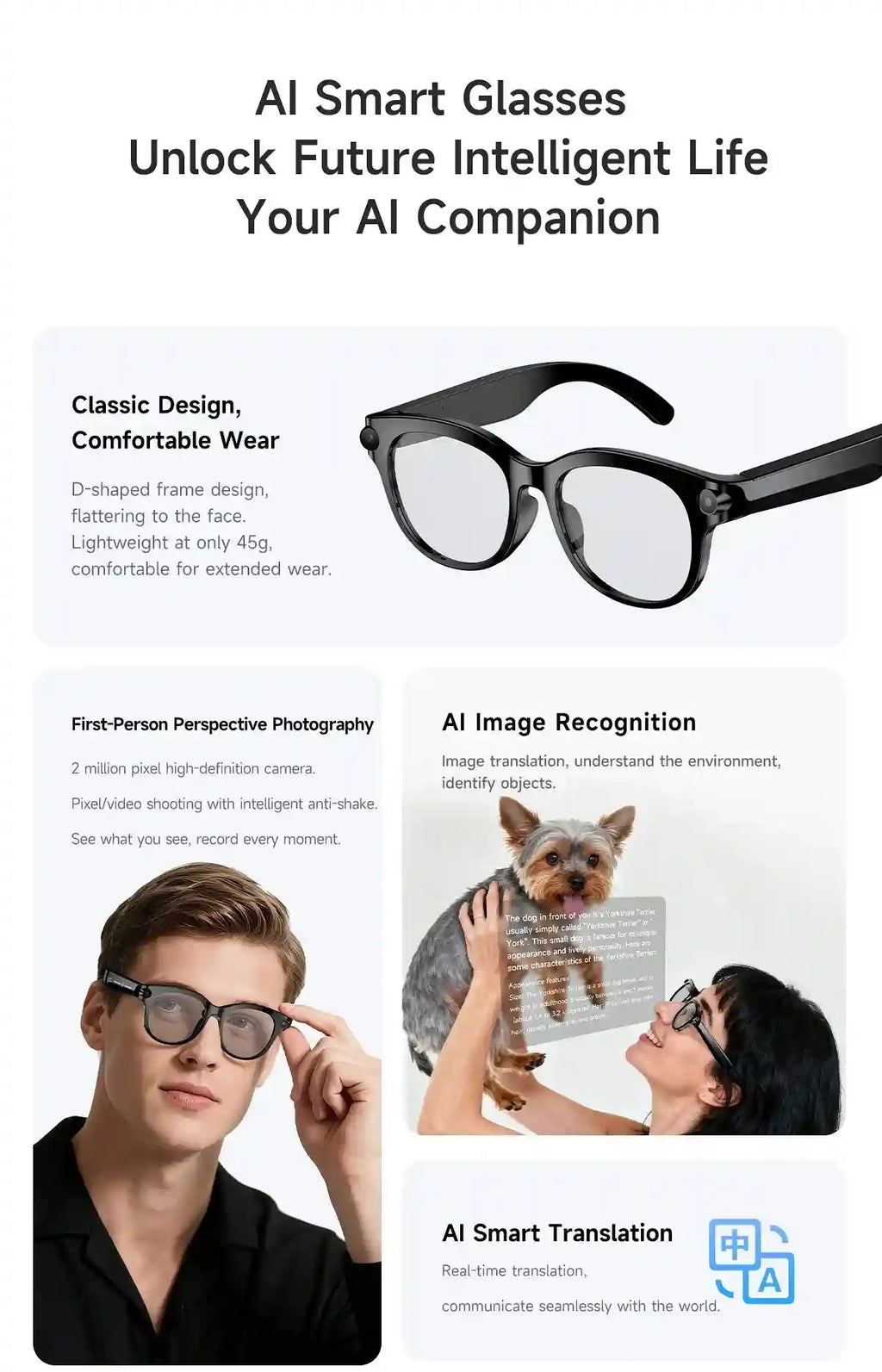 AI Smart Glasses with Real-Time Translation & HD Video Camera - White Tidesmit