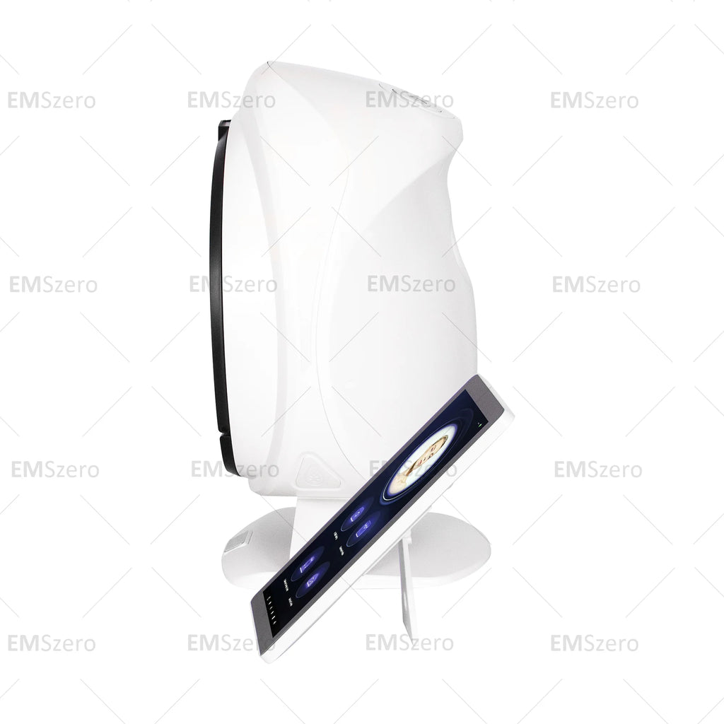 White smart facial skin detection and analysis machine with an integrated touchscreen monitor for anti-aging scans.