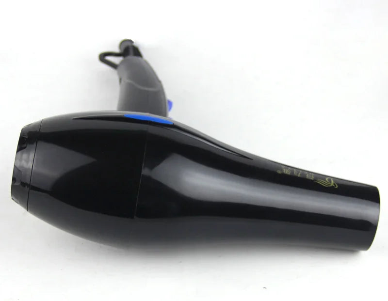 Glossy black professional hair dryer with blue accents, EU plug for salon or home use, sleek ergonomic design.