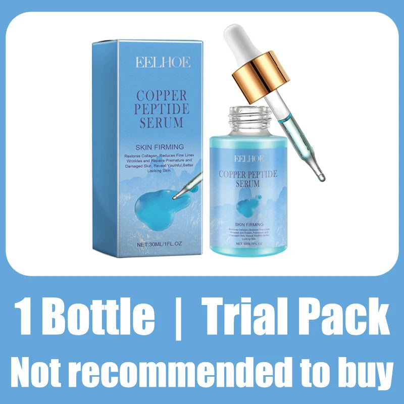 EELHOE Copper Peptide Serum in a light blue bottle and matching box with a gold-topped glass dropper.