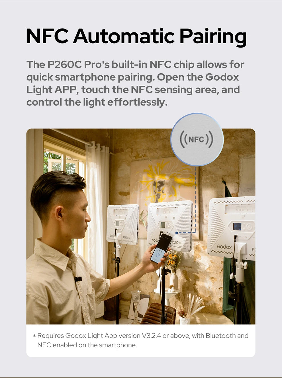 User tapping a smartphone to the NFC sensor area on a white, rectangular P260C Pro LED light panel to pair the device.