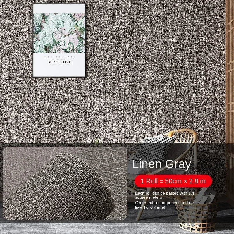 Self-adhesive linen-texture wall panel wallpaper in medium gray, roll and wall installation