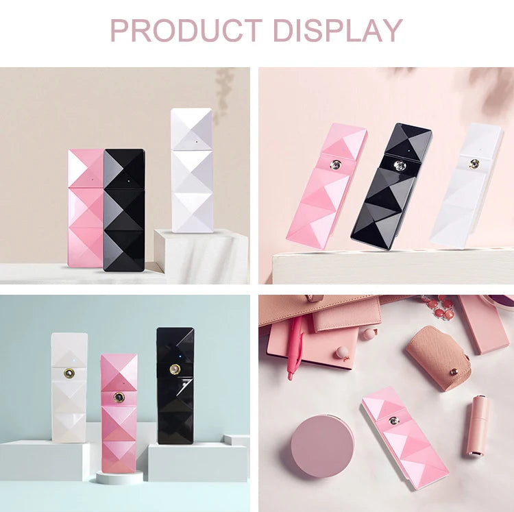 Portable nano facial steamer mist spray in pink, black, and white for hydrating skin and cleaning pores.