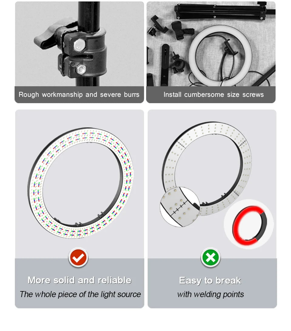 Comparison of LED ring lights showing internal light source construction and assembly quality for photography lighting.