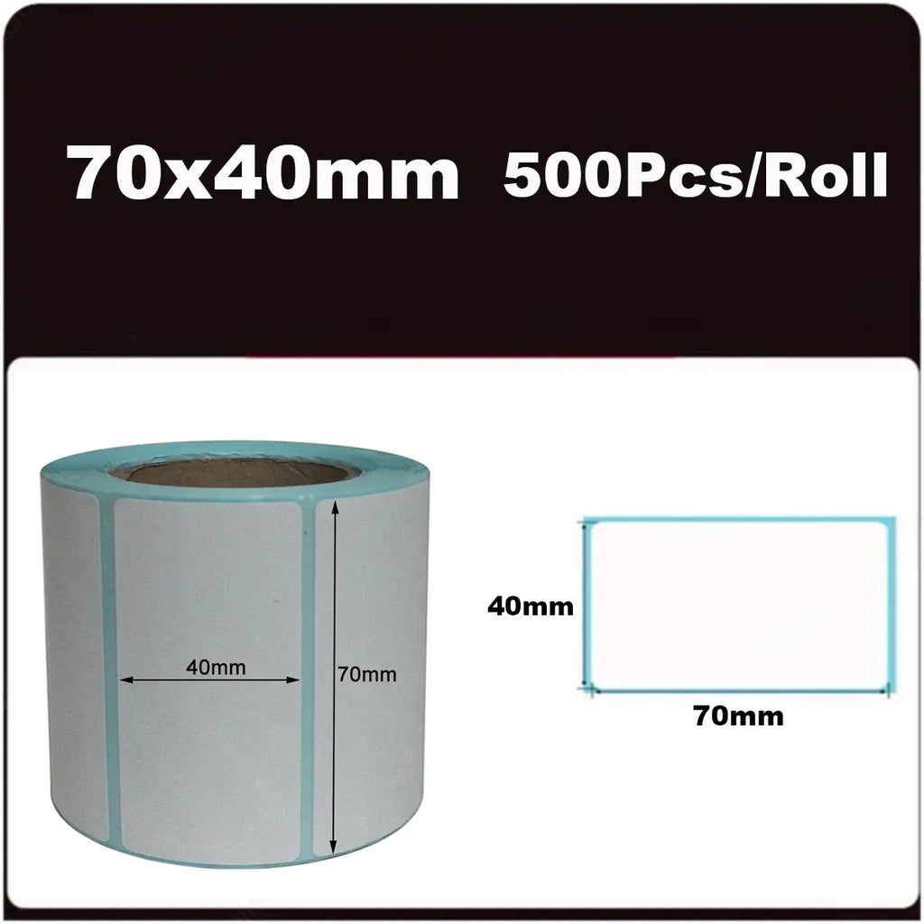 70x40mm blank white thermal labels roll, 500 pcs per roll, rectangular label layout
