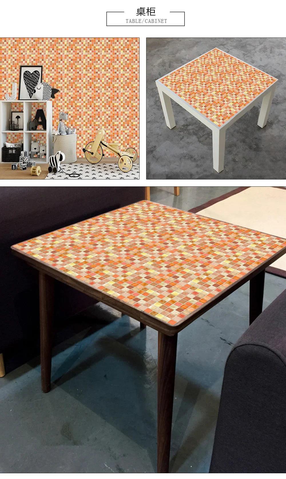 10pcs/set 10/15/20/30cm Flat Orange Marble Mosaic Hard Tiles Wall Sticker Kitchen Bathroom Home Decor Wallpaper PVC Art Mural