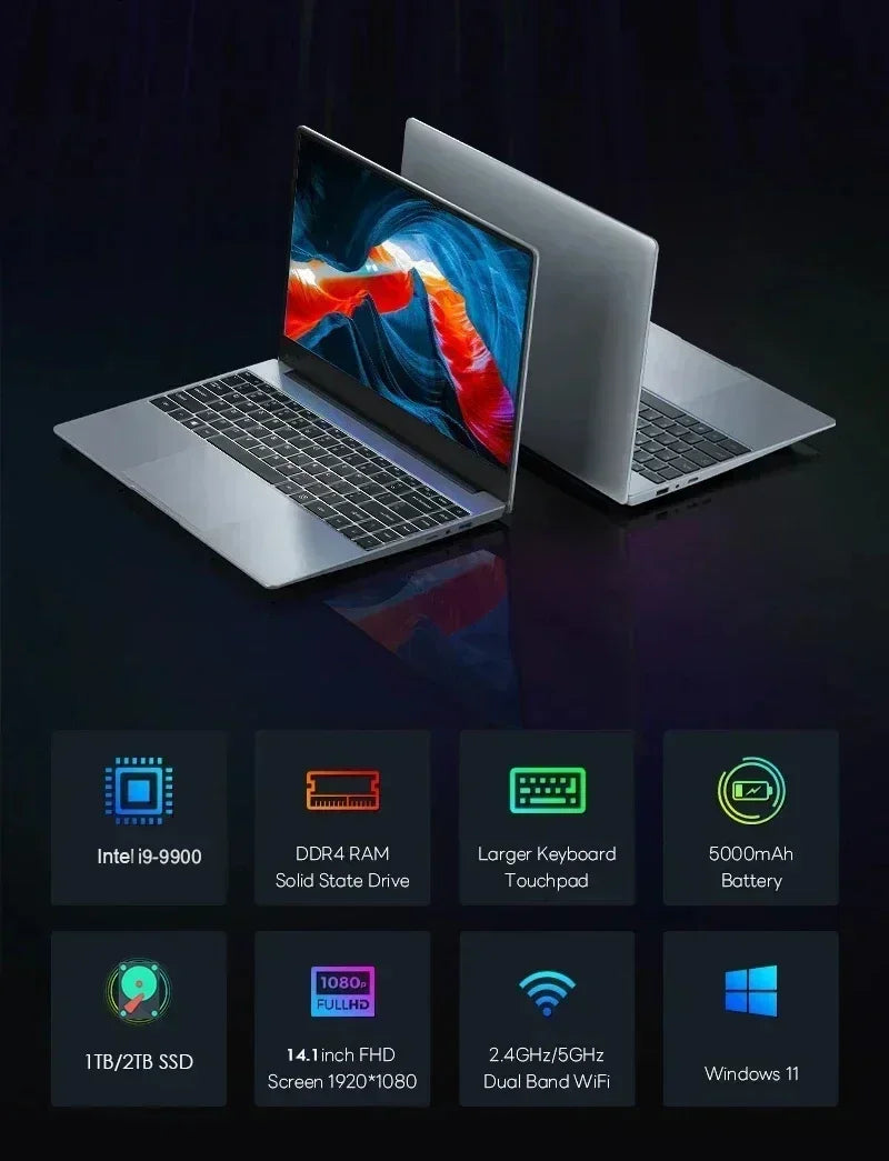 Gaming Gamer Office 2026 NEW 14.1 Inch Ultra Slim Laptop Intel Core i9 9900 32GB RAM 2TB SSD Windows 11 Notebook 1920x1080 Pro