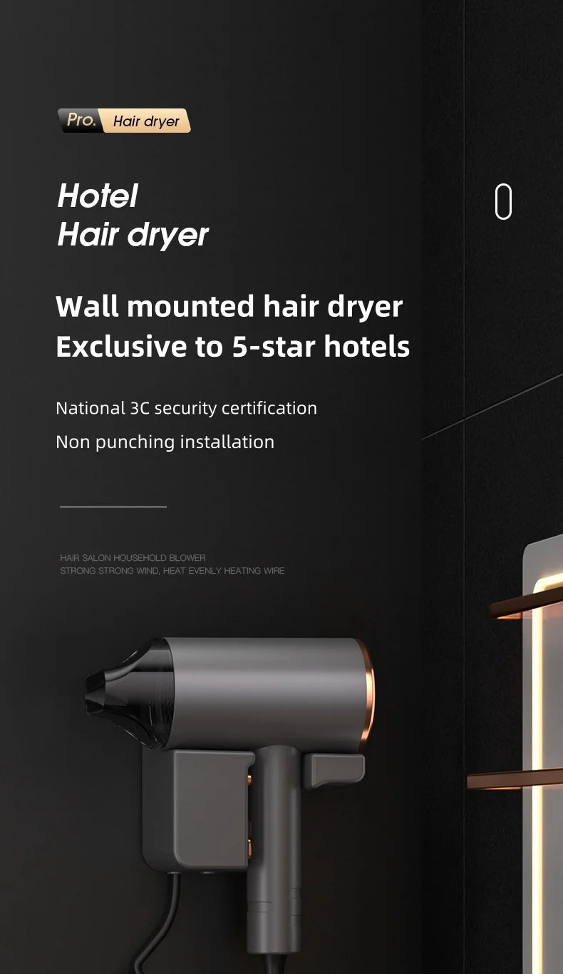 Grey 1600W wall-mounted hair dryer with nozzle attachment, featuring a sleek, drill-free design for hotels or home.