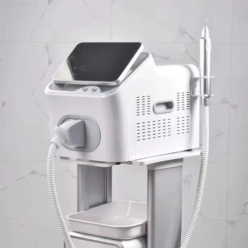 Portable 4000W Nd:YAG picosecond laser machine with white body, touchscreen display, and applicator on a rolling stand.