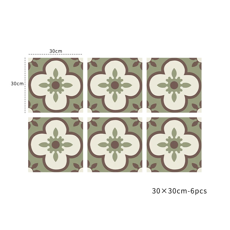 Peel-and-stick vinyl tile set, floral cream/green pattern, 30x30 cm, 6 pcs