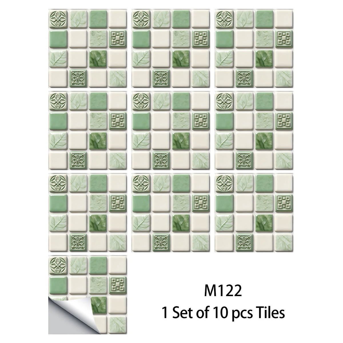 Mosaic tile wall decal set, mint green and cream grid with decorative medallion squares