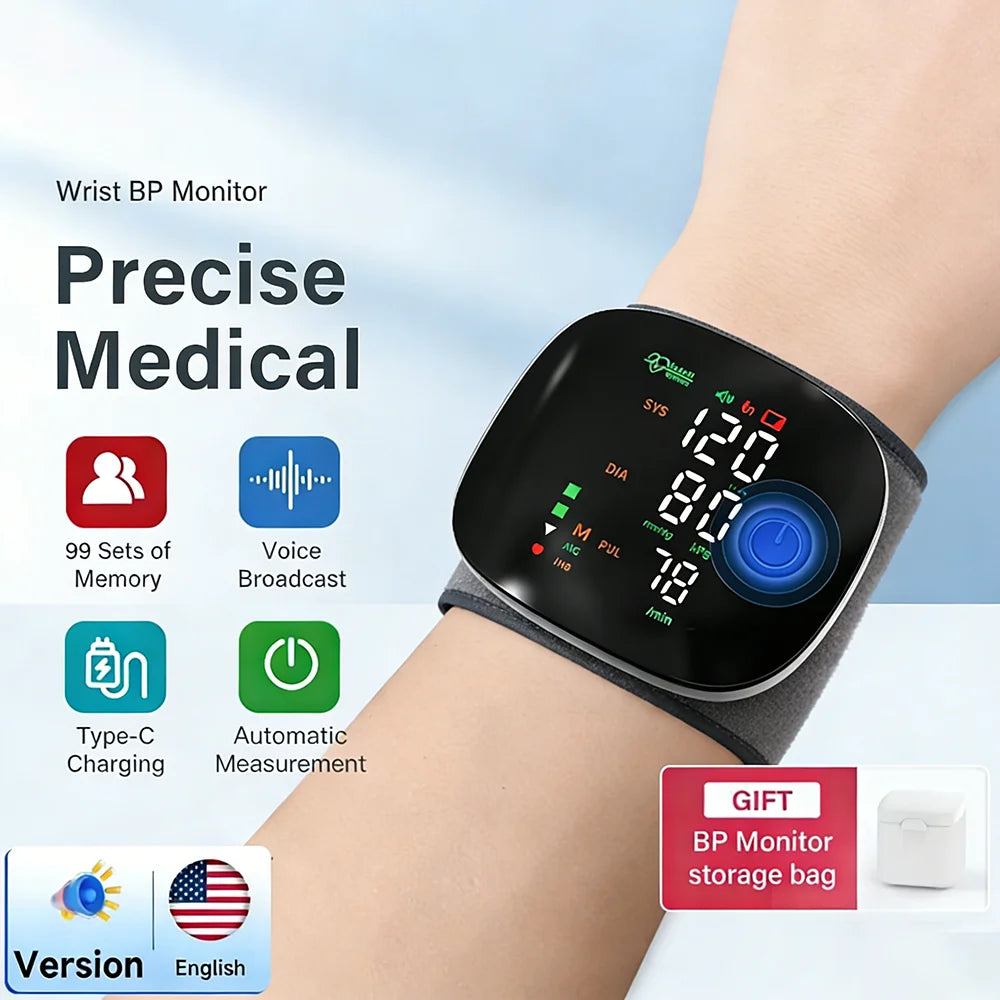 Blood Pressure Monitor New LED Rechargeable Wrist Blood Pressure Monitor English Spanish Voice Broadcast Tonometer BP Monitor