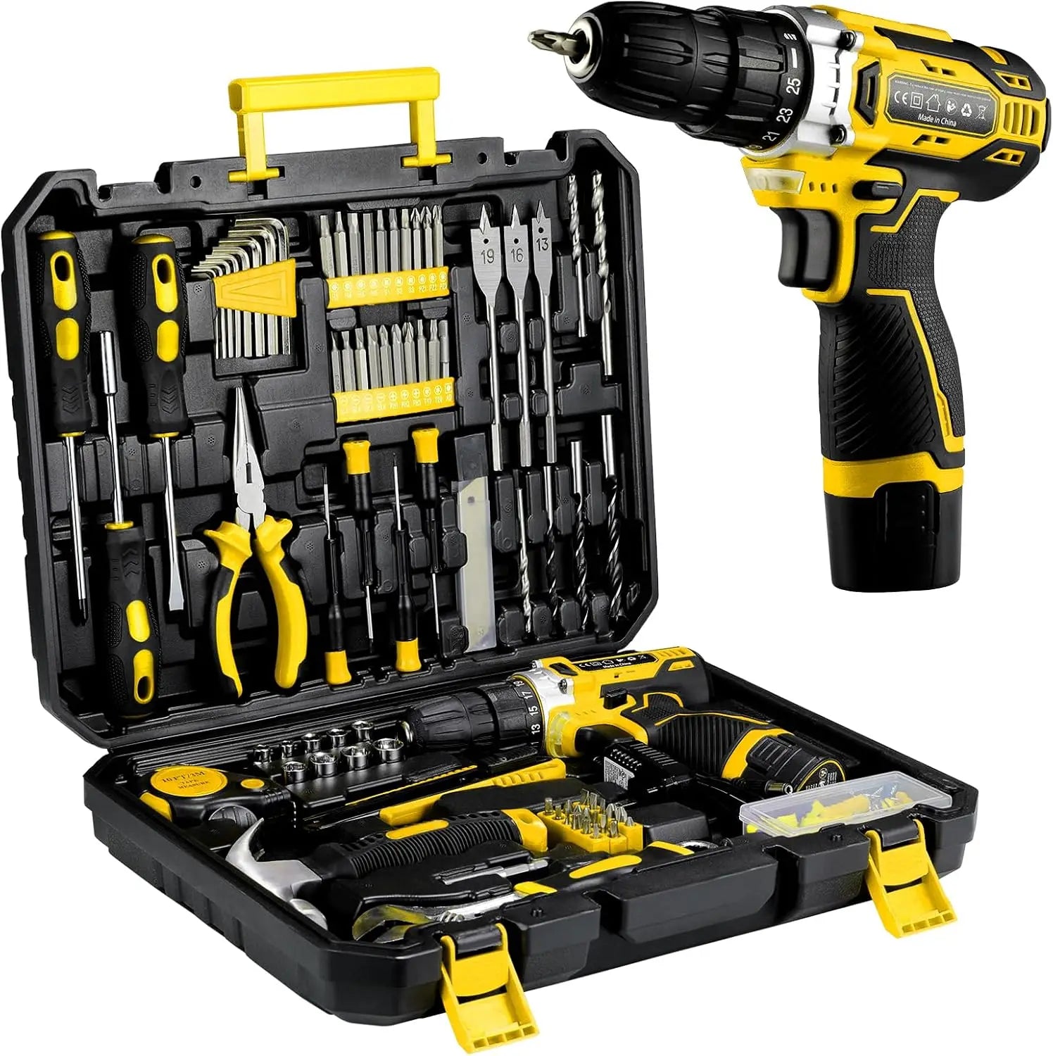 138-Tool Box with Cordless Screwdriver - Extensive Tool and Drill Set w/ 12V Electric Cordless Drill for Repairs and Maintenance